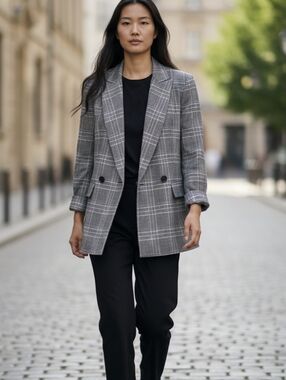 Free People Blazer Jacket Womens Small Gray Plaid Uptown Girl Sporty Oversized